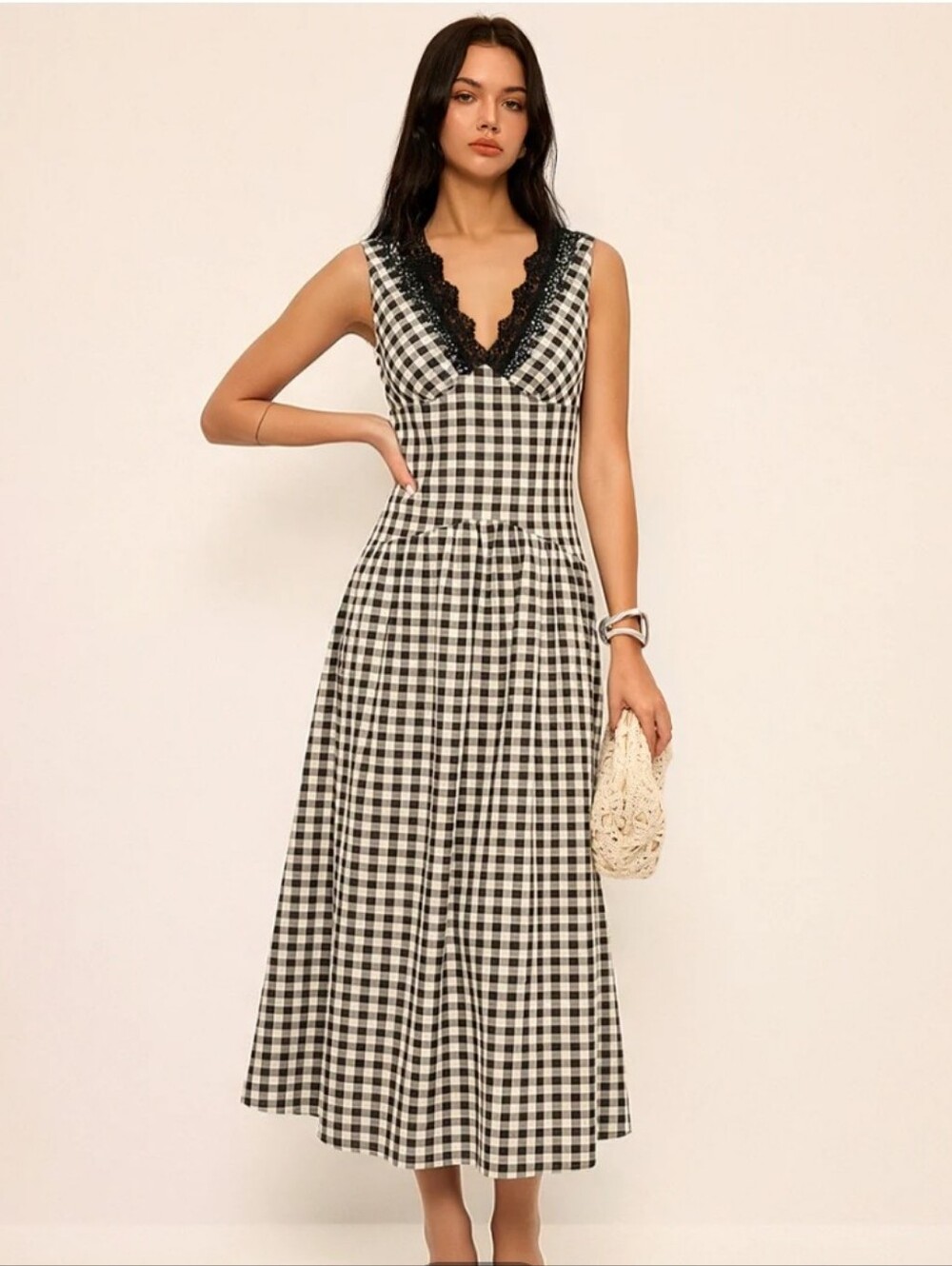 Sleeveless Lace Trim Gingham Maxi Dress